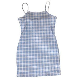Blue and white plaid mini dress